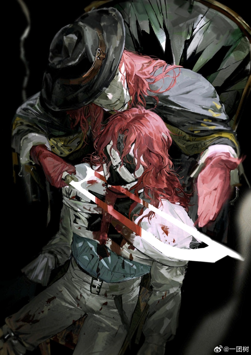 2boys absurdres aleph_(reverse:1999) black_cape black_hat blade_to_throat blood bloody_weapon cape chin_rest covered_face cowboy_shot dark_background dual_persona from_above gloves hacksaw hat hat_over_eyes head_on_head head_rest highres holding_saw long_hair merlin_(reverse:1999) multiple_boys pants red_gloves red_hair reverse:1999 saw shirt shu_tmx watermark weapon weibo_watermark white_pants white_shirt
