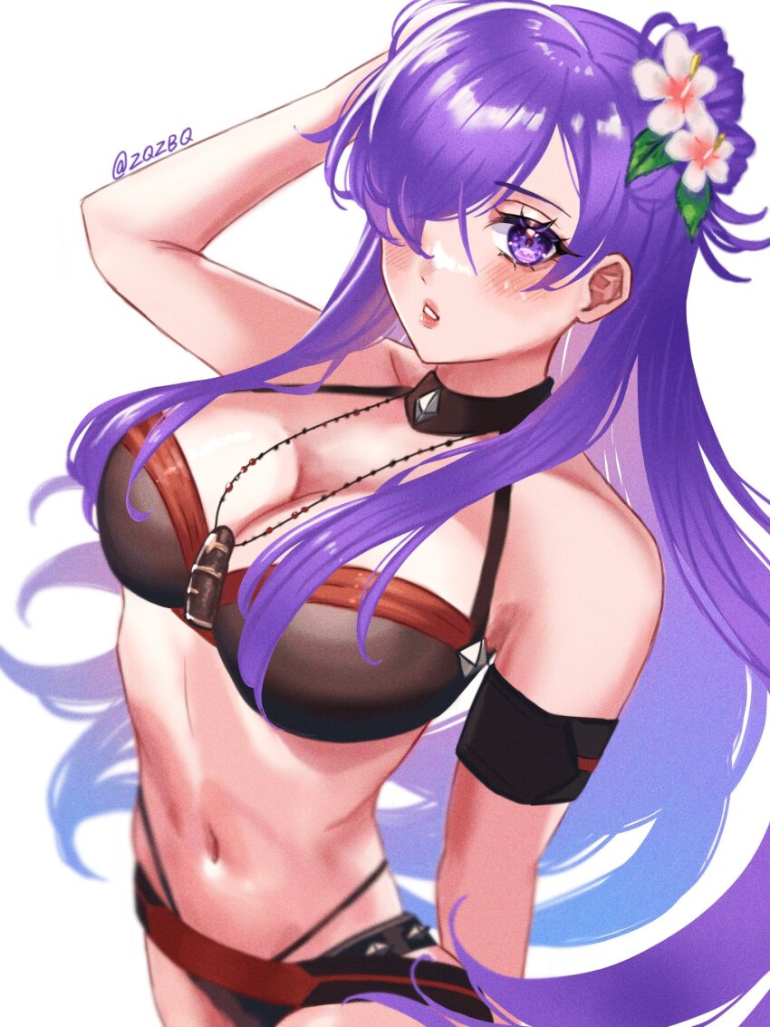1girl bare_shoulders bikini black_bikini black_choker breasts choker cleavage female_shez_(fire_emblem) female_shez_(summer)_(fire_emblem) fire_emblem fire_emblem:_three_houses fire_emblem_heroes fire_emblem_warriors:_three_hopes flower hair_flower hair_ornament hair_over_one_eye hibiscus highres large_breasts long_hair looking_at_viewer navel nintendo official_alternate_costume purple_eyes purple_hair solo stomach swimsuit white_flower zqzbq
