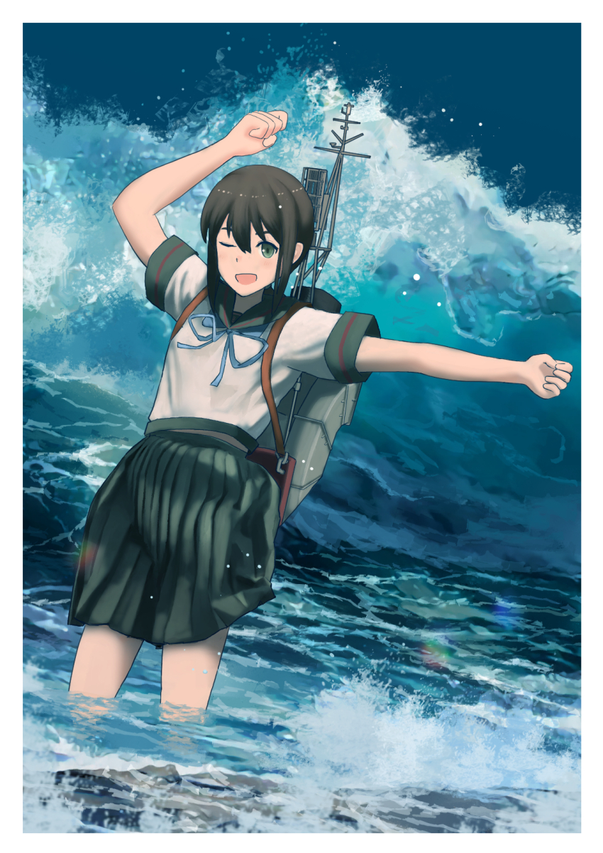1girl arm_up black_hair black_sailor_collar black_skirt blue_neckerchief blush clenched_hands commentary_request fubuki_(kancolle) fubuki_kai_ni_(kancolle) green_eyes highres kantai_collection looking_at_viewer neckerchief one_eye_closed open_mouth pleated_skirt sailor_collar school_uniform serafuku shirt skirt solo timmyyen water white_shirt