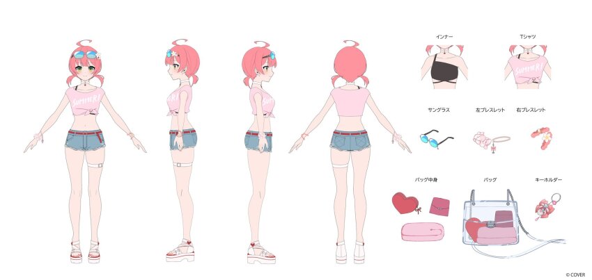 1girl a-pose ahoge bag belt blue-framed_eyewear bracelet breasts clothes_writing clothing_cutout commentary_request company_name copyright_notice crop_top cropped_shirt denim denim_shorts eyewear_on_head flower full_body glasses green_eyes hair_flower hair_ornament highres hololive holonatsu_paradise jewelry looking_at_viewer low_twintails midriff multiple_views nail_polish navel navel_cutout noir_eku official_alternate_costume official_art pendant_choker pink_hair pink_shirt platform_sandals reference_sheet sakura_miko sakura_miko_(holonatsu_paradise) sandals second-party_source shirt short_shorts shorts shoulder_bag solo thigh_belt thigh_strap tied_shirt toenail_polish toenails translation_request turnaround twintails virtual_youtuber