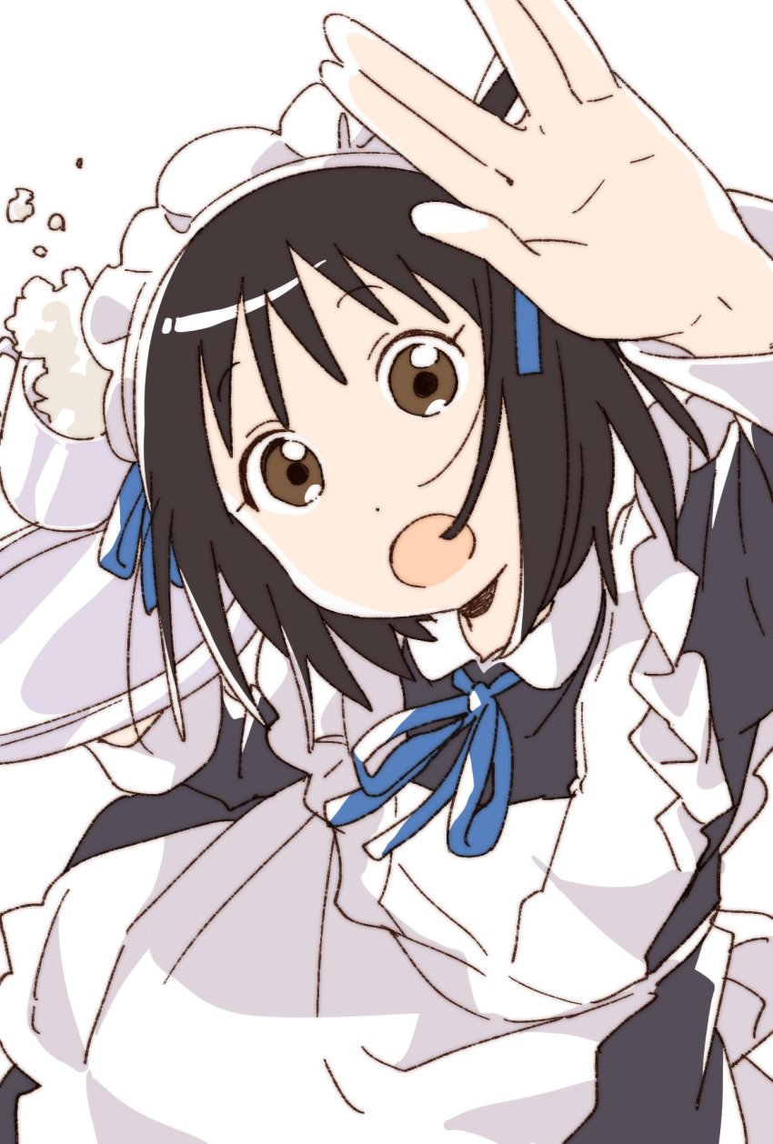1girl :o apron arashiyama_hotori black_hair brown_eyes highres looking_at_viewer maid maid_headdress namori open_mouth ribbon salute short_hair simple_background solo soredemo_machi_wa_mawatteiru thighhighs vulcan_salute white_background