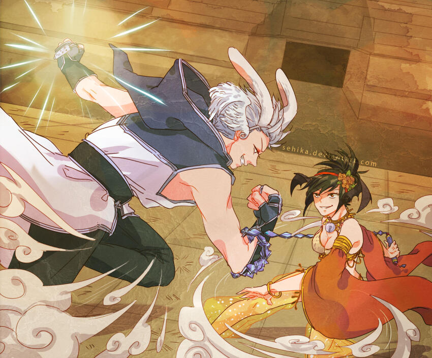 1boy 1girl animal_ears belt bikini black_belt black_gloves black_hair black_pants breasts champion_(ragnarok_online) champourado cleavage clenched_hands coat commentary cowboy_shot detached_sleeves duel english_commentary fake_animal_ears fingerless_gloves flower folded_ponytail gloves gold_necklace grey_hair grin gypsy_(ragnarok_online) hair_flower hair_ornament hairband harem_pants highres holding holding_whip hood hooded_coat jewelry medium_breasts multicolored_coat necklace orange_eyes orange_flower pants rabbit_ears ragnarok_online red_hairband red_sleeves see-through_clothes see-through_pants short_hair sleeveless sleeveless_coat smile strapless strapless_bikini swimsuit two-tone_coat white_coat yellow_bikini yellow_pants