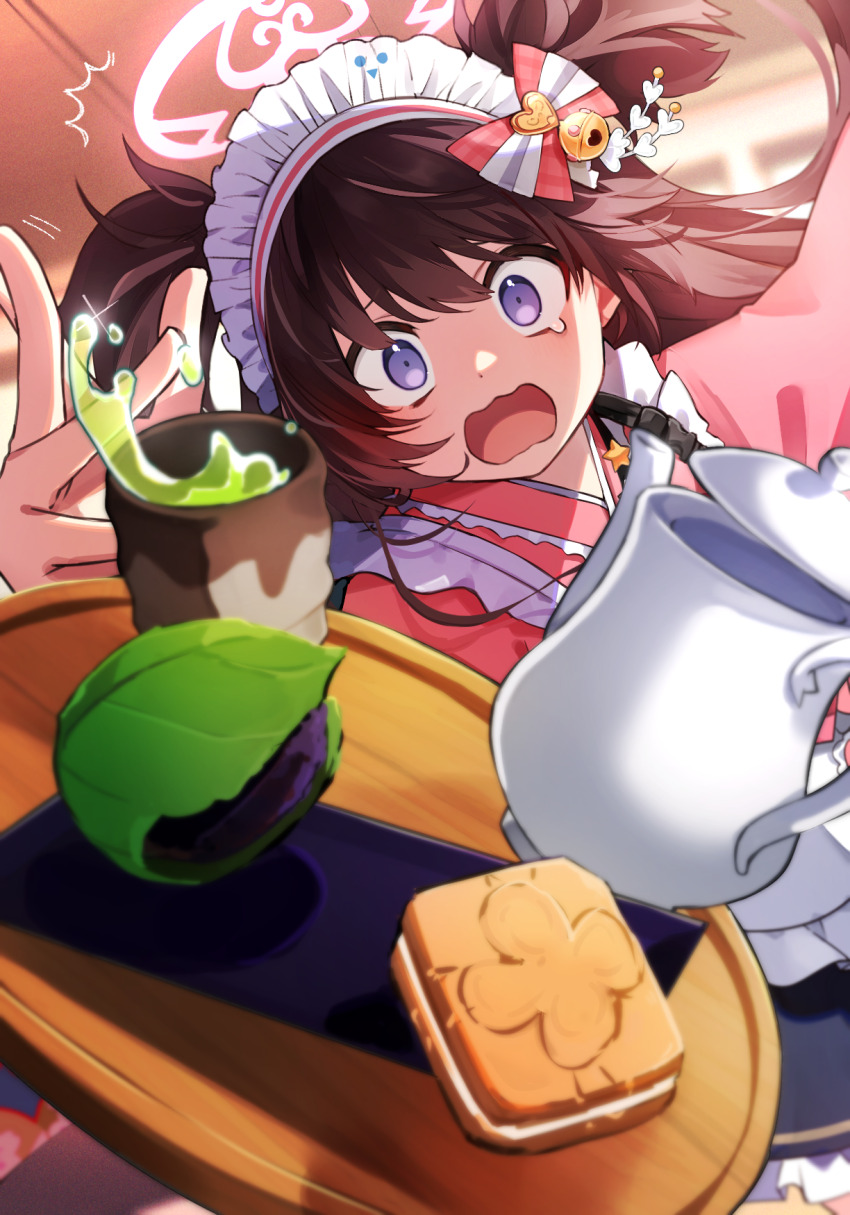 1girl apron blue_archive blush brown_hair cup food green_tea halo highres japanese_clothes kimono long_hair long_sleeves looking_at_viewer maid maid_apron maid_headdress open_mouth pink_halo pink_kimono purple_eyes shizuko_(blue_archive) solo tea tsumikitsuki_(katsuobushi) two_side_up wa_maid wagashi white_apron yunomi