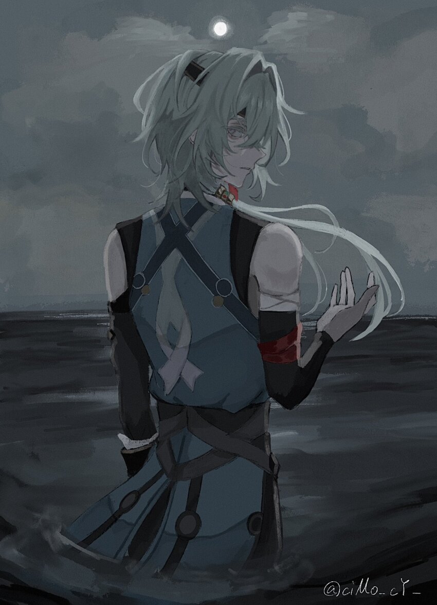 1boy anaxa_(honkai:_star_rail) back bare_shoulders cloud cloudy_sky cyn_ouo hand_up highres honkai:_star_rail honkai_(series) looking_at_viewer male_focus medium_hair moon parted_lips side_ponytail sky solo twitter_username water