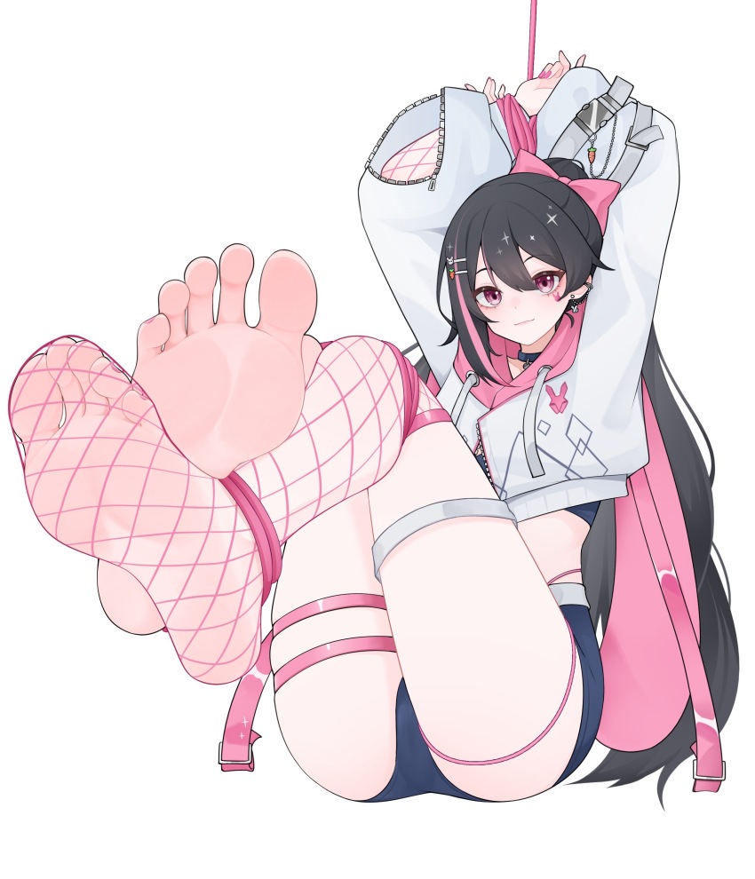 1girl absurdres ass barefoot black_hair blue_shorts blush bound bound_ankles bound_legs bound_wrists bow closed_mouth colored_inner_hair commission cropped_jacket ear_piercing earrings eyelashes feet feet_up fishnet_thighhighs fishnets foot_focus foreshortening full_body hair_between_eyes hair_bow hair_ornament hairclip highleg highleg_panties highres jacket jewelry knees_up legs long_hair long_sleeves looking_at_viewer multicolored_hair nail_polish no_shoes original panties piercing pink_bow pink_hair pink_nails pink_thighhighs short_shorts shorts simple_background sitting soles solo streaked_hair thighhighs thighs toenail_polish toenails toes underwear unzipped very_long_hair white_jacket wl217_(nicexa111)