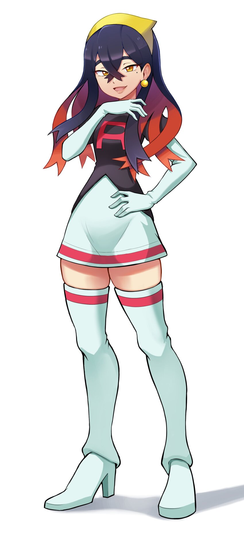 1girl :d absurdres black_hair boots carmine_(pokemon) commentary commission cosplay domino_(pokemon) domino_(pokemon)_(cosplay) earrings elbow_gloves full_body gloves hair_between_eyes hand_on_own_hip hand_up high_heel_boots high_heels highres jewelry logo long_hair looking_at_viewer mole mole_under_eye mr.thunderigor nintendo open_mouth pokemon pokemon_(anime) pokemon_(classic_anime) pokemon_sv skirt smile solo standing team_rocket team_rocket_uniform white_background white_boots white_gloves white_skirt yellow_eyes