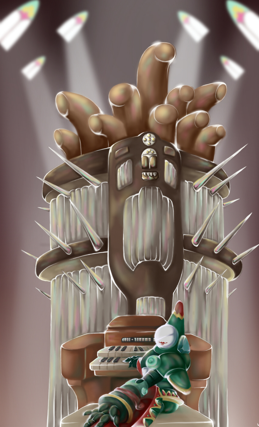 absurdres digimon highres incredibly_absurdres mercuremon mirror offering_hand organ_(instrument) red_lips smile solo