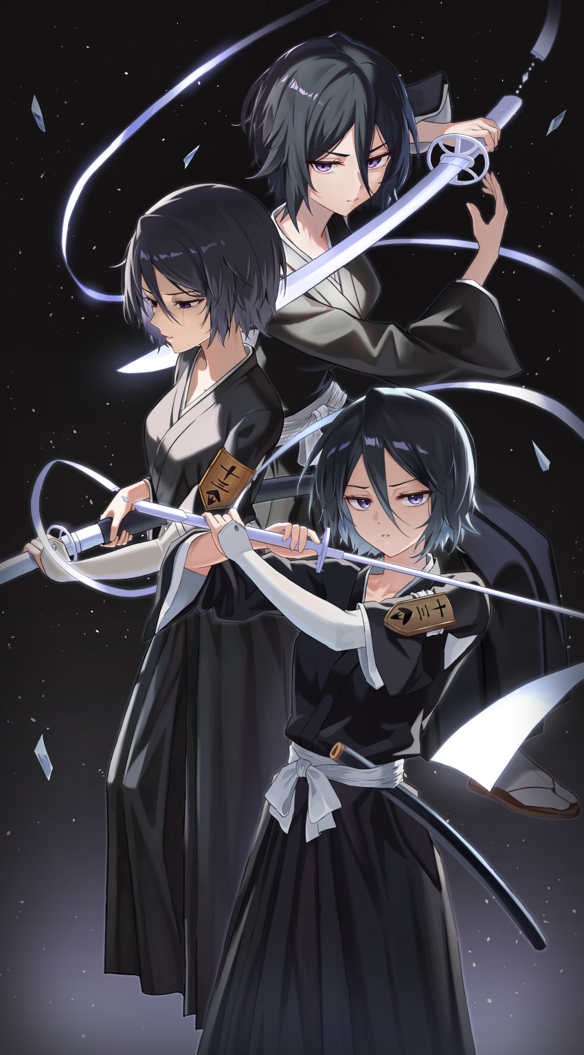 1girl absurdres black_hair bleach bleach:_sennen_kessen-hen breasts elbow_gloves gloves highres holding holding_sword holding_weapon japanese_clothes kuchiki_rukia medium_hair shihakusho small_breasts sode_no_shirayuki_(shikai) standing sword weapon yj_(yojo_san) zanpakutou