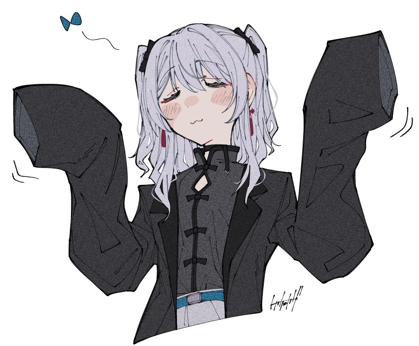 1girl absurdres belt black_bow black_coat black_shirt blue_belt blush bow closed_eyes closed_mouth coat commentary cropped_torso earrings facing_viewer grey_hair hair_bow hashtag-only_commentary highres indie_virtual_youtuber jewelry motion_lines nekomugi_tororo shirt signature simple_background solo tassel tassel_earrings toake_mikage virtual_youtuber white_background
