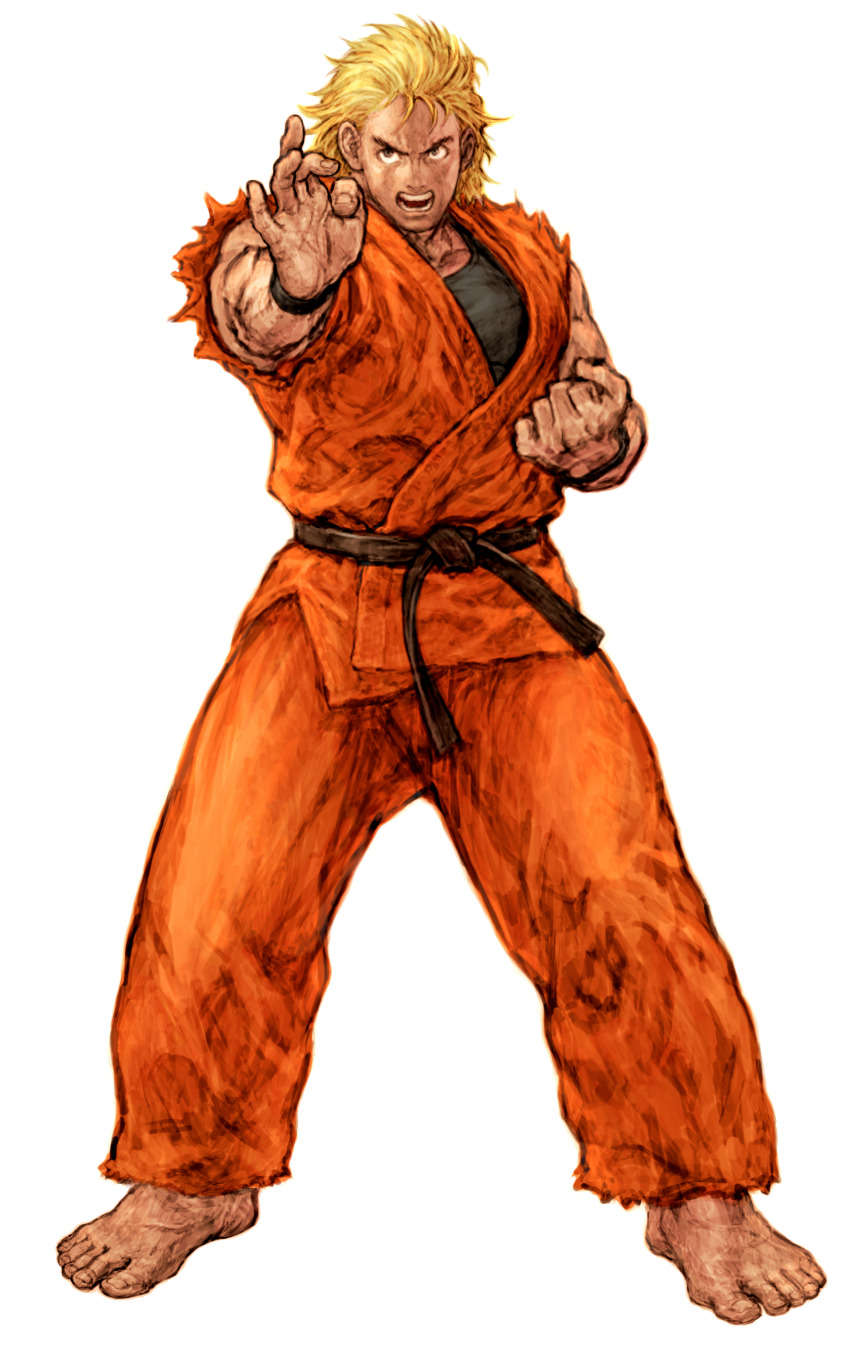 1boy absurdres barefoot belt black_belt black_undershirt blonde_hair capcom_vs_snk clenched_hand dougi fighting_stance full_body game_cg highres male_focus martial_arts_belt muscular nishimura_kinu non-web_source official_art open_mouth orange_dougi outstretched_arm ryou_sakazaki ryuuko_no_ken scowl sleeveless solo teeth the_king_of_fighters torn_clothes torn_sleeves undershirt v-shaped_eyebrows wristband