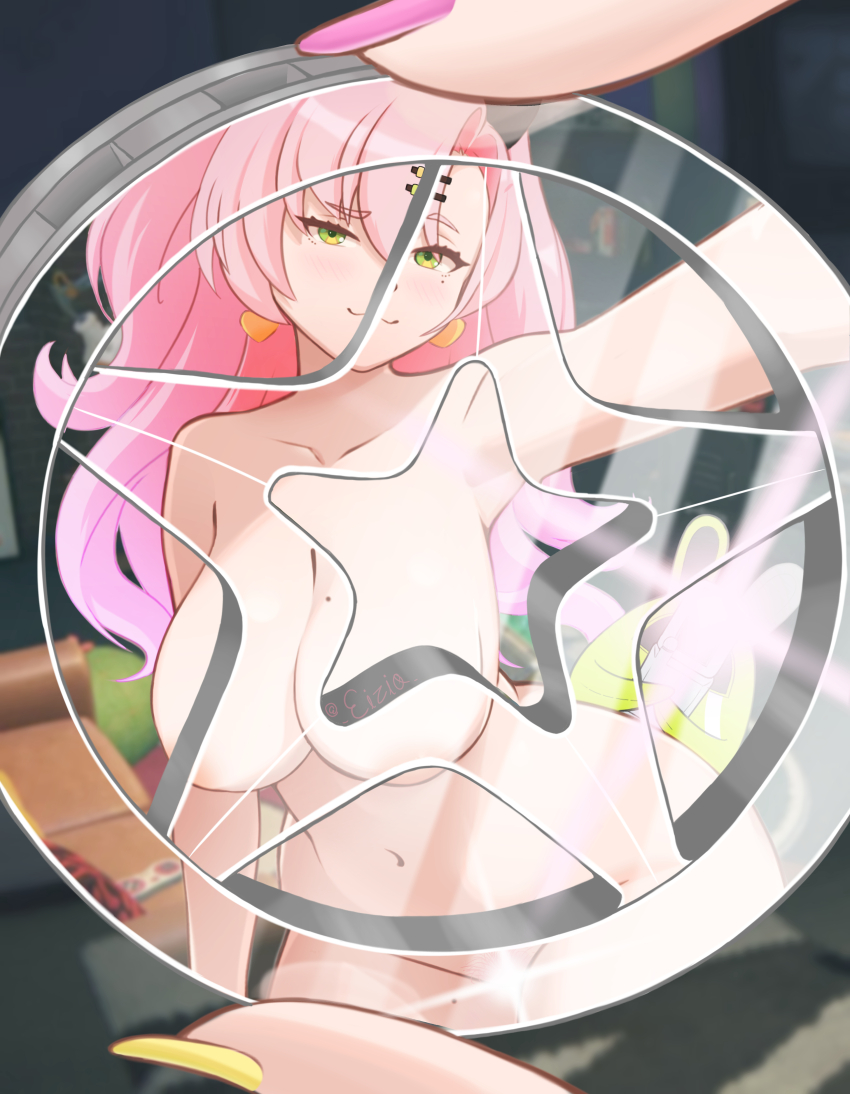 1girl :3 absurdres amillion_(zenless_zone_zero) areola_slip bangboo_(zenless_zone_zero) blurry blurry_background blush breasts censored cleavage closed_mouth coin collarbone commentary completely_nude couch earrings ei_(eizio) english_commentary fingernails glint green_eyes groin hair_ornament hairclip heart heart_earrings highres holding holding_coin indoors jewelry large_breasts long_hair looking_at_viewer mole mole_on_breast mole_on_thigh mole_under_eye nail_polish navel nicole_demara nude pink_hair pink_nails raised_eyebrow reflection reflection_focus smile star_(symbol) stomach thighs twitter_username yellow_nails zenless_zone_zero