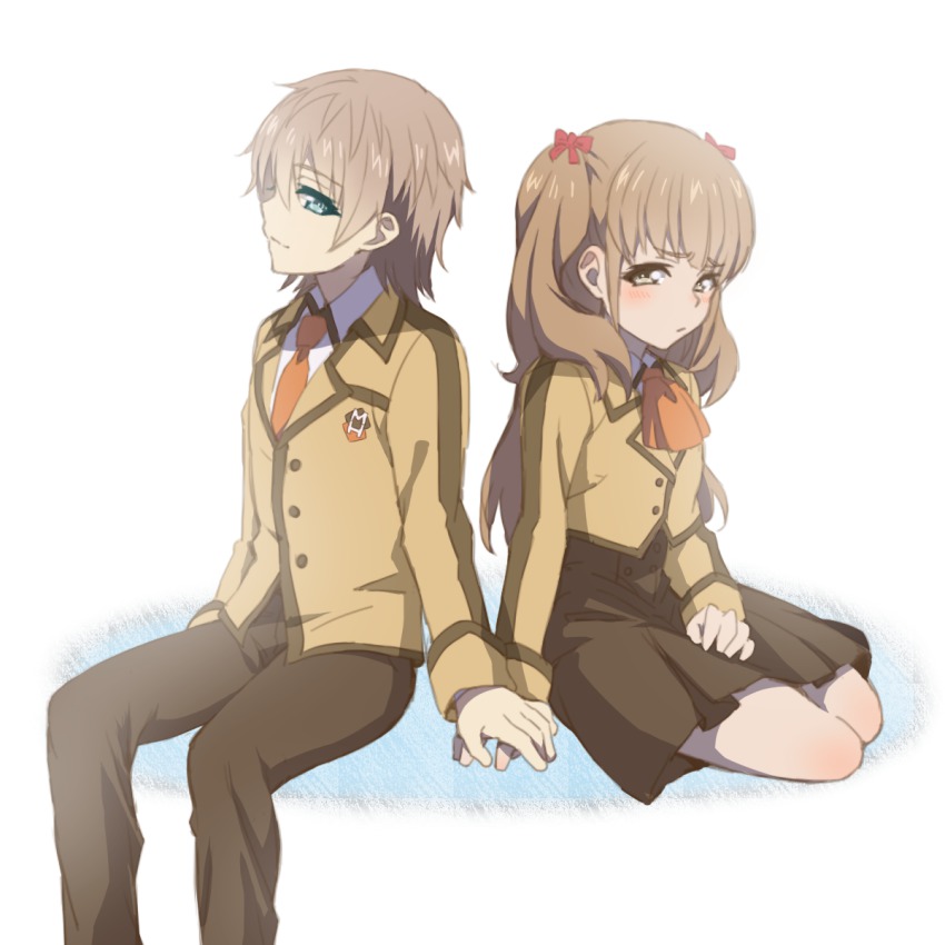 10s 1boy 1girl blue_eyes brown_eyes brown_hair cm10th couple holding_hands hetero highres hisanuma_sayu isaki_kaname long_hair nagi_no_asukara short_hair twintails