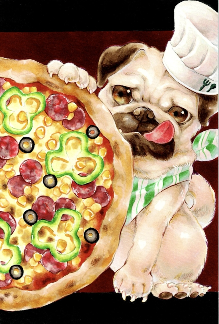 animal_focus bell_pepper bell_pepper_slice brown_eyes cheese chef_hat dog food food_focus hat highres kis-dragon-0924 marker_(medium) no_humans original pepperoni pizza pug tongue tongue_out traditional_media