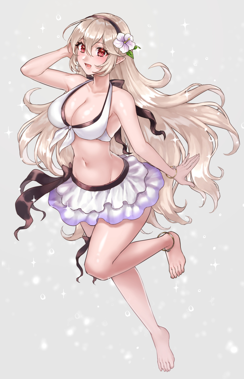 1girl absurdres barefoot bikini black_hairband breasts cleavage commentary_request female_corrin_(fire_emblem) female_corrin_(novice_vacationer)_(fire_emblem) fire_emblem fire_emblem_fates fire_emblem_heroes flower grey_hair hair_flower hair_ornament hairband hazuki_(nyorosuke) highres large_breasts long_hair looking_at_viewer navel nintendo official_alternate_costume open_mouth pointy_ears red_eyes simple_background smile solo stomach swimsuit toenails toes white_background white_bikini white_flower