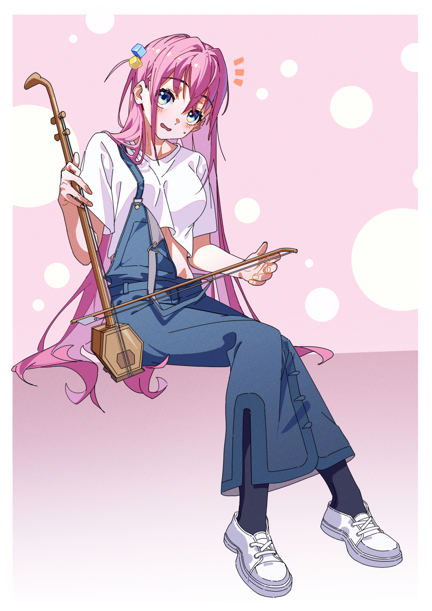 1girl absurdres black_pantyhose blush bocchi_the_rock! breasts crop_top cube_hair_ornament erhu full_body gotoh_hitori hair_between_eyes hair_intakes hair_ornament highres holding holding_instrument instrument long_hair looking_at_viewer luomuzhen medium_breasts notice_lines one_side_up overall_skirt pantyhose parted_lips pink_background pink_hair shirt shoes short_sleeves sitting small_sweatdrop solo sweat very_long_hair wavy_mouth white_shirt white_shoes
