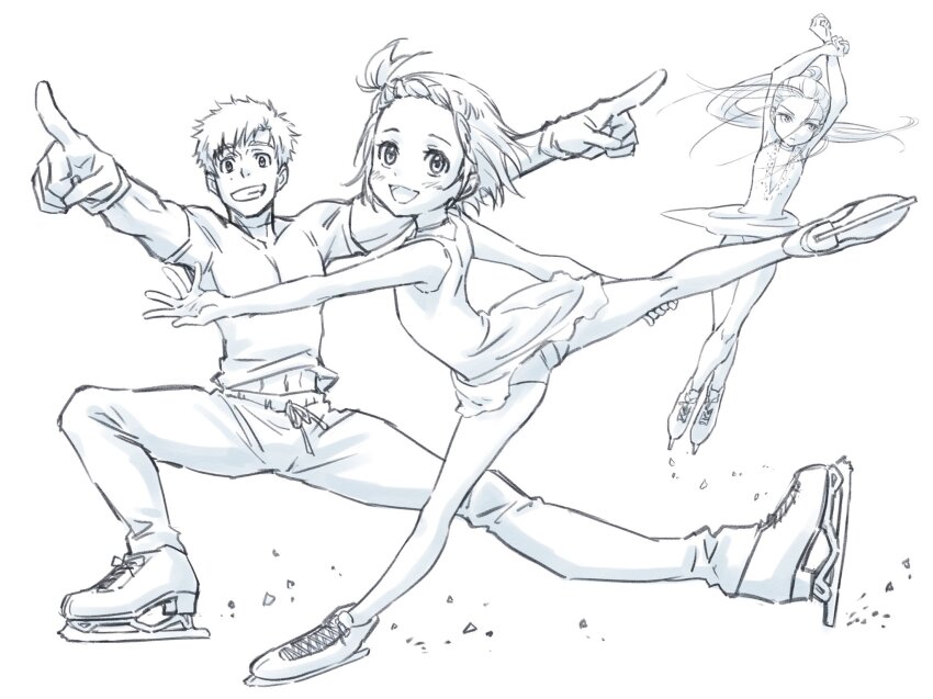 1boy 2girls akeuraji_tsukasa arms_up commentary_request figure_skating figure_skating_dress full_body highres ice_skates itou_noriko kamisaki_hikaru long_hair medalist_(manga) monochrome multiple_girls open_mouth ponytail short_hair skates smile yuitsuka_inori