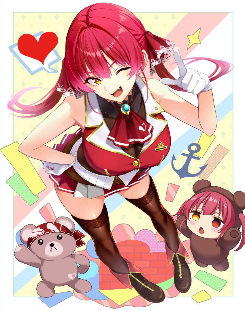 1girl absurdres ankle_boots ascot black_choker boots breasts brown_boots brown_thighhighs choker cropped_jacket fang frilled_choker frills gloves hair_ribbon hand_on_own_hip heart highres hololive houshou_kumarine houshou_marine houshou_marine_(1st_costume) jacket large_breasts leotard leotard_under_clothes long_hair looking_at_viewer neji_mawashi3 one_eye_closed red_ascot red_hair red_jacket red_ribbon red_skirt ribbon skin_fang skirt sleeveless sleeveless_jacket smile solo spoken_heart thighhighs virtual_youtuber white_gloves yellow_eyes