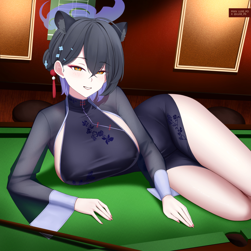 1girl absurdres animal_ear_fluff animal_ears bare_legs black_dress black_hair black_jacket blue_archive blush china_dress chinese_clothes crossed_bangs dress extra_ears floral_print grin hair_between_eyes hair_bun highres jacket kaguya_(blue_archive) looking_at_viewer luxe lying on_side pink_nails single_sidelock smile solo tiger_ears tiger_girl yellow_eyes