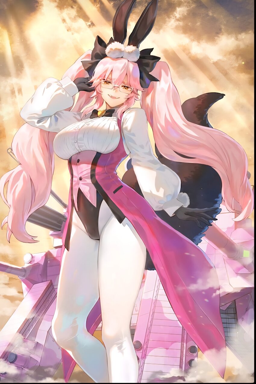 1girl absurdres animal_ear_fluff animal_ears black_bow black_gloves blush bow breasts build_divide coattails collared_shirt corset dress_shirt fate/grand_order fate_(series) fox_tail glasses gloves hair_between_eyes hair_bow highres koyanskaya_(assassin)_(second_ascension)_(fate) koyanskaya_(fate) large_breasts long_hair long_sleeves looking_at_viewer mashutarou_(neko_no_oyashiro) open_mouth pantyhose pink_hair rabbit_ears shirt sidelocks smile solo tail tamamo_(fate) thighs twintails underbust white_pantyhose white_shirt yellow_eyes