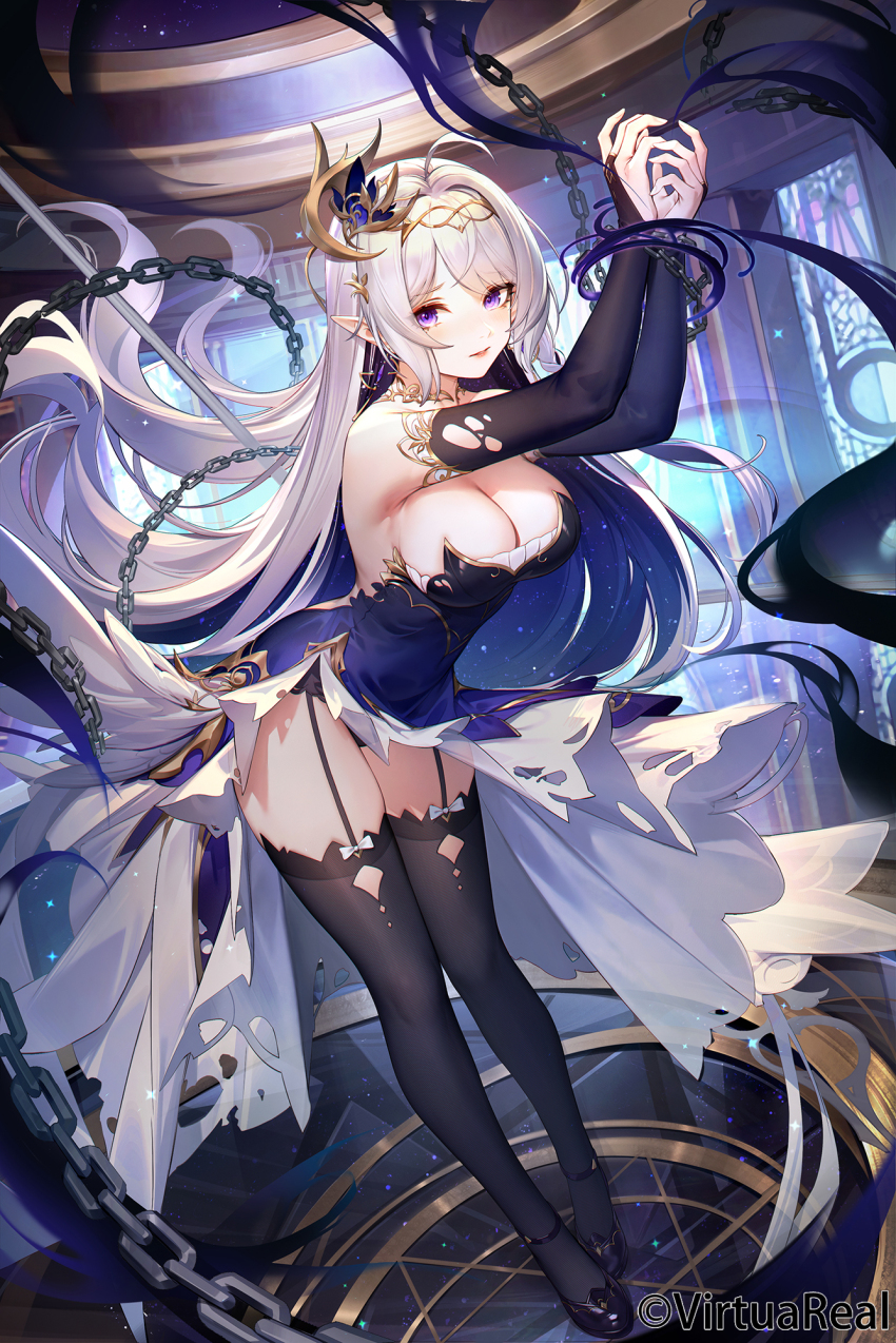1girl black_gloves black_panties black_shoes black_sleeves black_thighhighs blue_dress breasts chain closed_mouth dress fingerless_gloves gloves hair_between_eyes hair_ornament high_heels highres long_hair medium_breasts nijisanji panties pointy_ears q18607 rhea_(virtuareal) shoes skirt solo thighhighs underwear virtual_youtuber virtuareal white_hair white_skirt