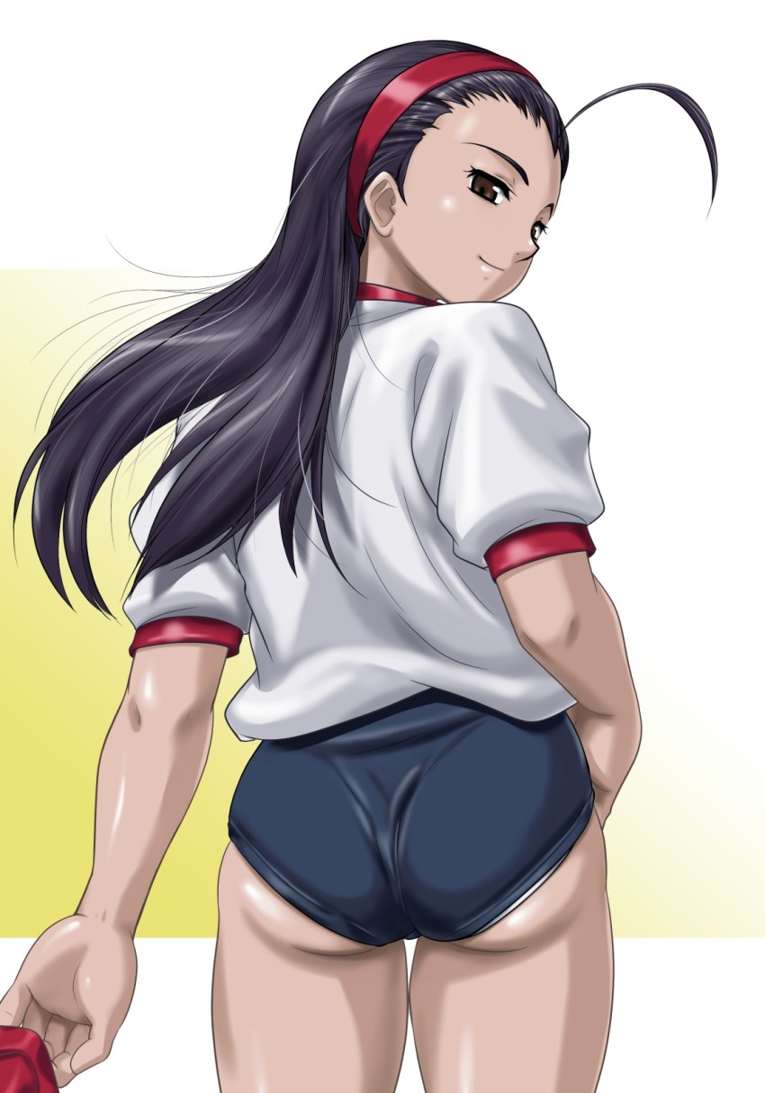 1girl ahoge ass ass_focus back black_hair brown_eyes capcom forehead gym_uniform hairband highres hinokawa_jun iinchou_(justice_gakuen) justice_gakuen long_hair looking_at_viewer looking_back shiny_skin skindentation smile thighs