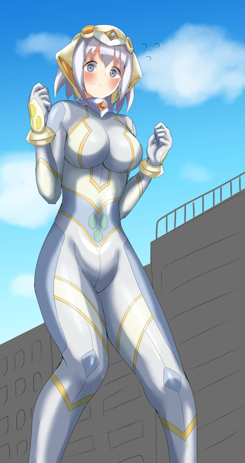 1girl absurdres blue_sky blush bodysuit breasts building closed_mouth cloud day embarrassed flying_sweatdrops gem giant giantess grey_eyes headgear highres koharuno_silk kolby large_breasts looking_at_viewer medium_hair outdoors sidelocks skin_tight sky solo standing ultimate_girl wavy_mouth white_bodysuit white_hair