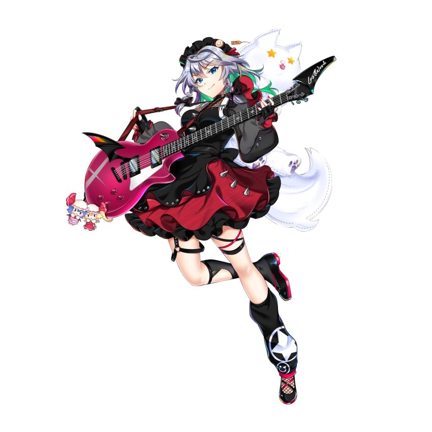 1girl alternate_costume alternate_headwear_color black_bow black_dress black_gloves black_headdress black_leg_warmers black_shoes blue_eyes bow braid breasts character_doll closed_mouth dog doll dress fingerless_gloves flandre_scarlet game_cg gloves grey_hair guitar hair_bow highres holding holding_guitar holding_instrument instrument izayoi_sakuya izayoi_sakuya_(lostwordlive2025) large_breasts leg_up leg_warmers long_hair long_sleeves looking_at_viewer maid_headdress multicolored_dress official_art puffy_long_sleeves puffy_sleeves red_nails remilia_scarlet rotte_(1109) shoes smile solo thigh_strap third-party_source touhou touhou_lostword twin_braids