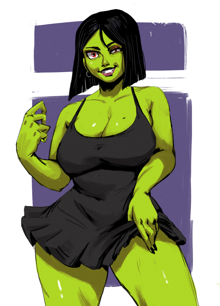 1girl absurdres banjo-kazooie black_hair breasts cleavage clothes_lift colored_skin cowboy_shot crazy_eyes dress earrings eyeshadow green_skin gruntilda_winkybunion highres jewelry large_breasts lifting_own_clothes makeup pink_lips purple_background red_eyes redblacktac short_hair skirt skirt_lift smile solo thick_thighs thighs wide_hips