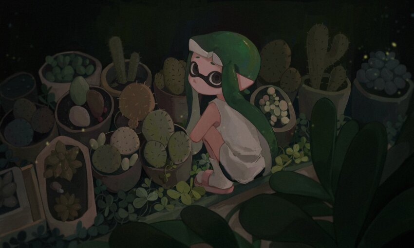 1girl black_background black_eyes black_shorts blunt_bangs cactus clover domino_mask film_grain from_above from_behind green_hair highres inkling inkling_girl inkling_player_character liang_cun_rakuna looking_at_viewer looking_back mask nintendo no_mouth plant pointy_ears potted_plant raised_eyebrows sandals short_hair_with_long_locks short_shorts shorts slav_squatting socks solo splatoon_(series) squatting tank_top tentacle_hair white_socks white_tank_top wide_shot
