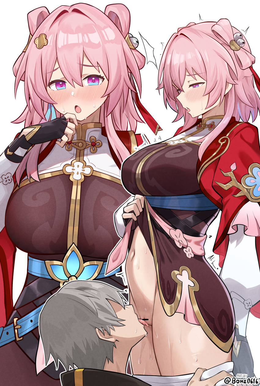 1boy 1girl absurdres artist_name bell belt blue_belt blue_eyes bonz_(bonz0616) bottomless breasts caelus_(honkai:_star_rail) censored chinese_clothes cunnilingus dress fingerless_gloves gloves hair_bell hair_between_eyes hair_intakes hair_ornament hairpin hetero highres honkai:_star_rail honkai_(series) jacket large_breasts licking looking_at_viewer march_7th_(honkai:_star_rail) march_7th_(hunt)_(honkai:_star_rail) multicolored_eyes no_panties official_alternate_costume official_alternate_hairstyle oral pink_hair pink_pupils pussy short-sleeved_jacket short_sleeves simple_background sweat tongue tongue_out trailblazer_(honkai:_star_rail)