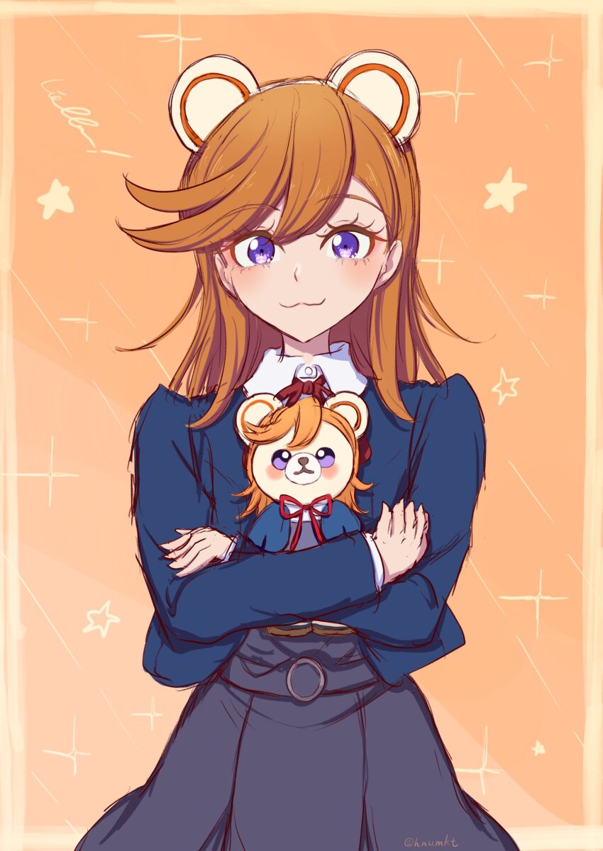 1girl :3 animalization bear blue_jacket blush border closed_mouth collared_shirt commentary_request dress dress_shirt grey_dress highres hugging_doll hugging_object jacket long_hair long_sleeves love_live! love_live!_superstar!! neck_ribbon open_clothes open_jacket orange_background orange_hair outside_border pinafore_dress pleated_dress purple_eyes red_ribbon ribbon school_uniform seiha_(hnumkt) shibuya_kanon shirt sleeveless sleeveless_dress smile sparkle stuffed_animal stuffed_toy teddy_bear white_shirt winter_uniform yellow_border yuigaoka_school_uniform