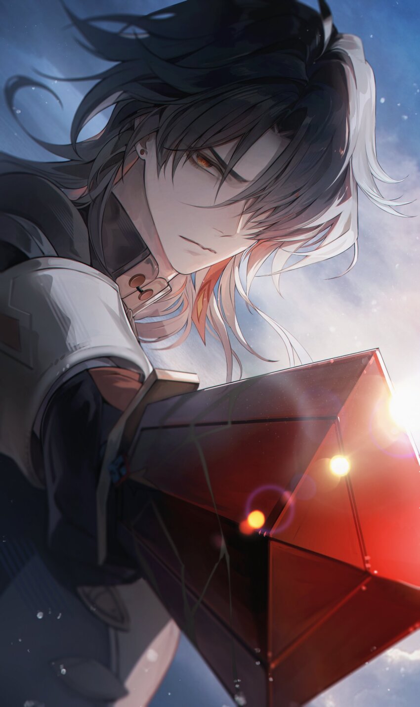 1boy absurdres black_hair blade_(honkai:_star_rail) chinese_clothes closed_mouth earrings gloves hair_over_one_eye highres holding honkai:_star_rail honkai_(series) ikong jewelry long_sleeves looking_at_viewer male_focus medium_hair pointing_melee_weapon pointing_sword sky solo sunlight yellow_eyes