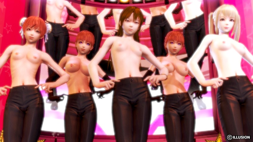 5girls blue_eyes breasts brown_eyes brown_hair censored female_focus gintama illusion illusion_soft indoors kagura_(gintama) multiple_girls mutsu_(gintama) navel nipples no_bra pants red_hair ribs sexy_beach sexy_beach_premium_resort small_breasts small_nipples topless_female