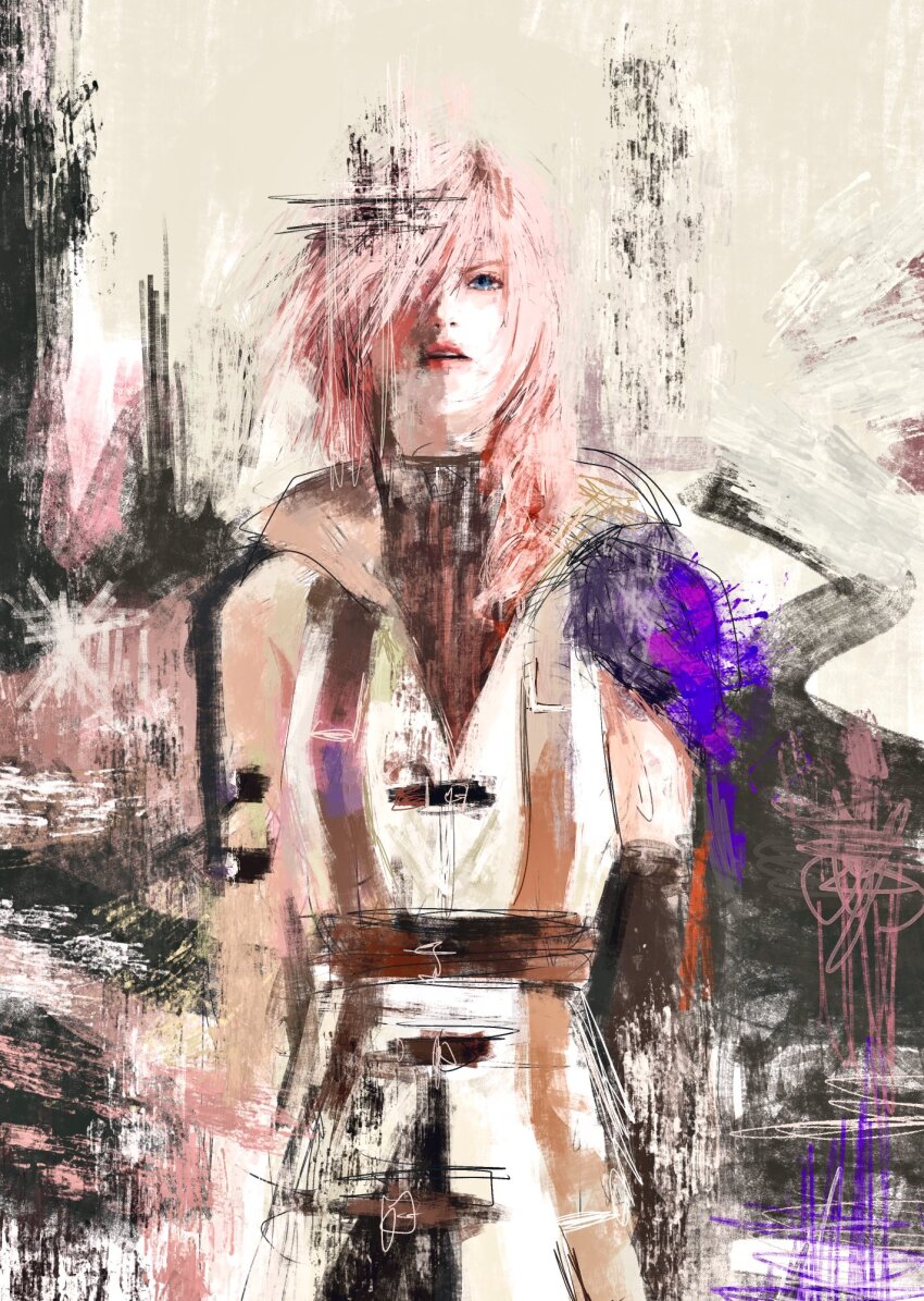 1girl abstract_background blue_eyes final_fantasy final_fantasy_xiii fuyumurasaki hair_over_one_eye highres lightning_farron lips open_mouth painterly pink_hair realistic solo teeth