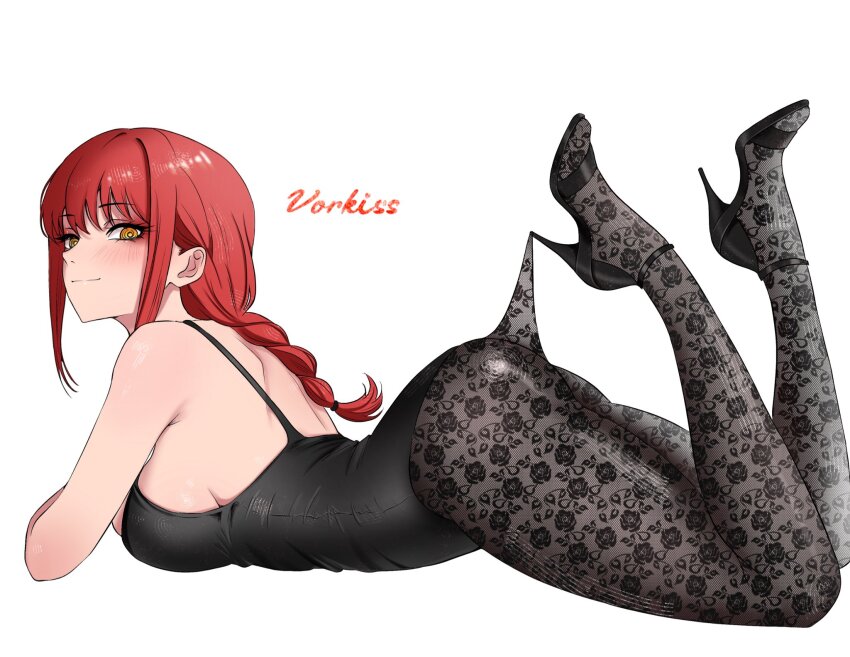 1girl ankle_strap arched_back artist_name ass bare_arms black_leotard black_shoes breasts chainsaw_man closed_mouth full_body hashtag-only_commentary high_heels highleg highleg_leotard highres lace_pantyhose_hooked_on_heel_(meme) large_breasts legs legs_up leotard long_bangs looking_at_viewer lying makima_(chainsaw_man) meme nose nostrils on_stomach orange_eyes parted_bangs ponytail red_hair shoes sideboob simple_background smile solo strappy_heels vorkiss white_background yellow_eyes