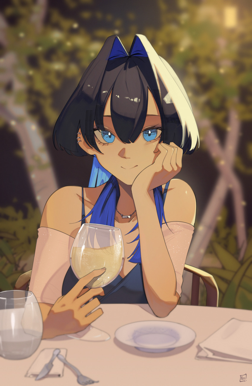 1girl absurdres alternate_costume blue_eyes commentary cup drinking_glass ear_piercing english_commentary fork hair_intakes highres holding holding_cup hololive hololive_english knife long_hair looking_at_viewer ninochuu ouro_kronii piercing plate short_hair smile solo table virtual_youtuber wine_glass
