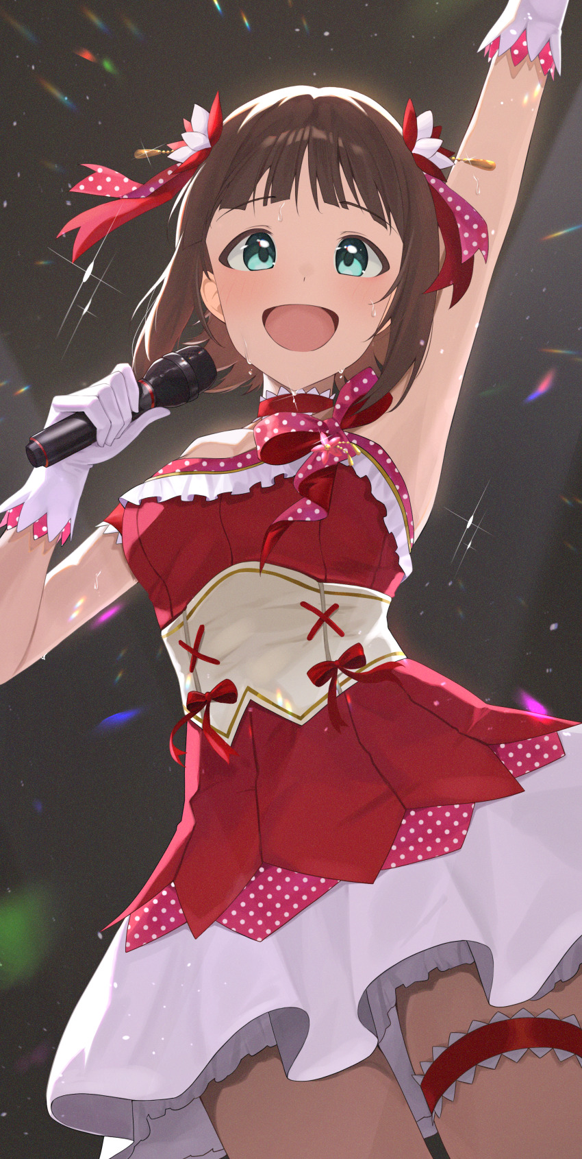 1girl absurdres amami_haruka arm_up breasts brown_hair gloves green_eyes hair_ribbon highres holding holding_microphone idol idol_clothes idolmaster idolmaster_(classic) medium_breasts microphone open_mouth red_ribbon red_shirt ribbon shirt short_hair smile strapless strapless_shirt white_gloves yaki_tai