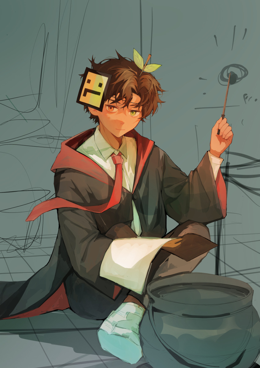 1boy absurdres animification black_cloak brown_hair cauldron cloak dark-skinned_male dark_skin green_eyes gryffindor harry_potter_(series) heterochromia highres hogwarts_school_uniform holding holding_wand humanization indoors leaf long_sleeves looking_at_viewer male_focus mask mask_on_head minecraft_youtube necktie orange_eyes red_necktie school_uniform shirt sitting sketch smile solo tapl vindalien wand white_shirt wizarding_world