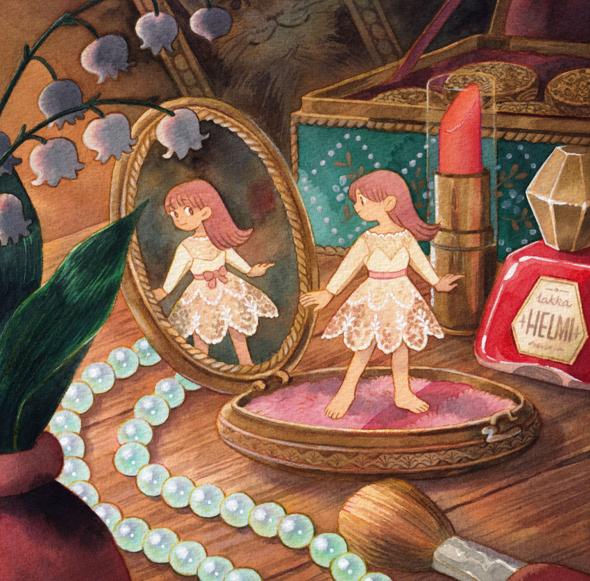 1girl absurdres barefoot belt_bow bow brown_cat brown_eyes cat compact_(cosmetics) cosmetics dress flower hand_mirror heikala highres jewelry jewelry_box lace_dress lily_of_the_valley lipstick_tube long_sleeves looking_at_mirror looking_back makeup makeup_brush mini_person minigirl mirror nail_polish_bottle necklace on_table original painting_(medium) pearl_necklace photo_(object) pink_bow pink_hair plant potted_plant reflection rouge_(makeup) table traditional_media watercolor_(medium) white_dress