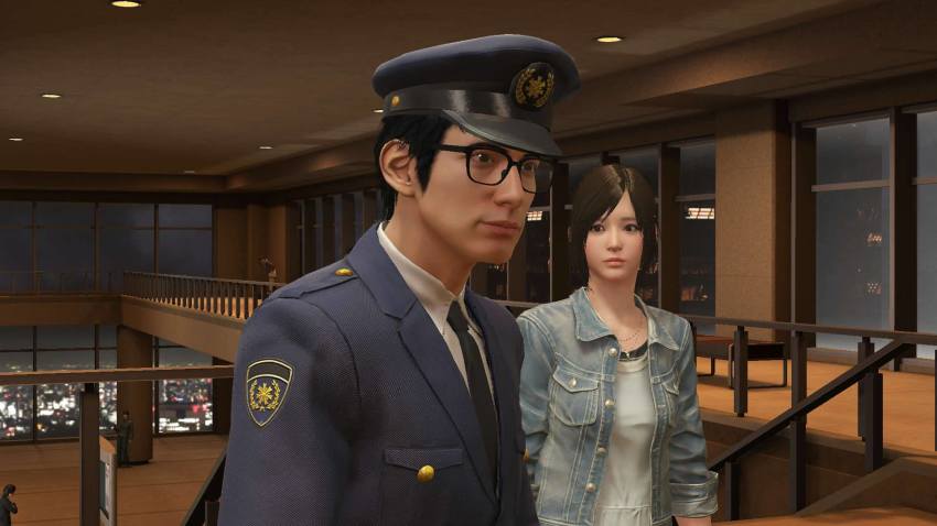 1boy 1girl alternate_costume city_shrouded_in_shadow glasses granzella highres indoors kouno_yuki misaki_ken night police police_uniform window