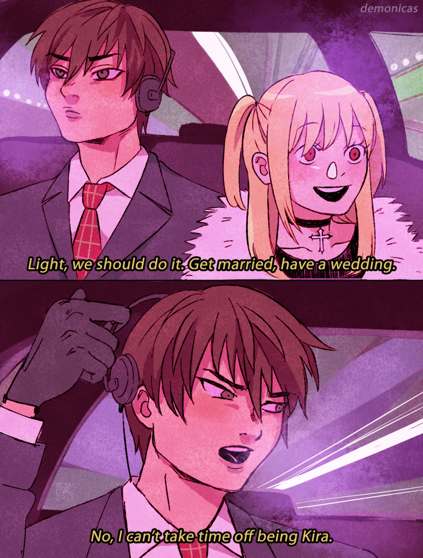 1boy 1girl amane_misa american_psycho basstual black_choker black_gloves blonde_hair brown_eyes brown_hair business_suit car car_interior choker coat cross death_note english_text formal_clothes fur_coat gloves hair_between_eyes headphones highres motor_vehicle movie_reference necktie red_eyes suit talking teeth twintails two_side_up upper_body yagami_light