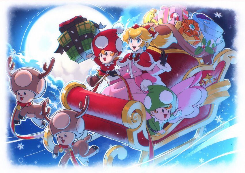 1girl 4boys adapted_costume alternate_hairstyle animal_costume belt black_belt black_gloves blonde_hair blue_eyes bow brooch candy candy_cane capelet christmas collar dress earrings elf food full_moon gift gloves green_tunic hair_ribbon highres holly jewelry leaf long_hair mario_(series) moon multiple_boys night nintendo open_mouth outdoors pink_dress pointy_ears ponytail princess_peach red_bow red_capelet red_collar red_ribbon red_tunic reindeer_costume ribbon saiwo_(saiwoproject) santa_capelet sitting sleigh snowflakes sphere_earrings teeth toad_(mario) tunic upper_teeth_only