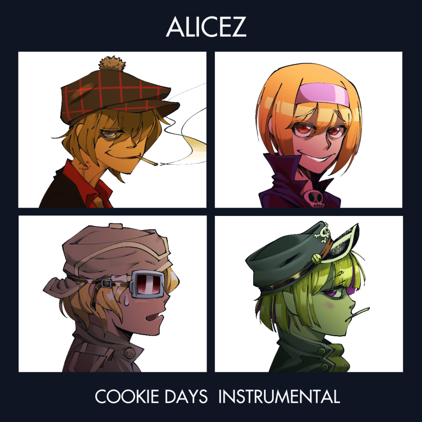 4girls album_cover_redraw alice_margatroid backwards_hat blonde_hair blunt_bangs cigarette closed_mouth commentary cookie_(touhou) demon_days_(gorillaz) derivative_work expressionless eyes_visible_through_hair flat_cap goggles gorillaz grey_hat grin hair_between_eyes hairband hat highres hinase_(cookie) jigen_(cookie) long_bangs looking_at_viewer looking_to_the_side multiple_girls orange_eyes pink_hairband pom_pom_hat_ornament purple_eyes sakuranbou_(cookie) short_hair skull_and_crossbones smile taisa_(cookie) tam_o&#039;_shanter touhou ukiwagirl upper_body white_background