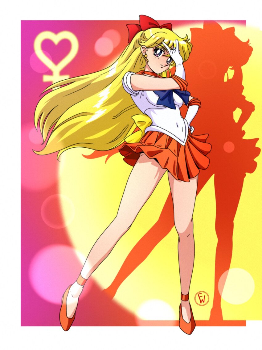1girl aino_minako bishoujo_senshi_sailor_moon blonde_hair blue_eyes bow breasts fritz_willie gloves high_heel high_heel_shoes high_heels highres long_hair magical_girl medium_breasts miniskirt red_bow sailor_venus short_sleeves skirt very_long_hair
