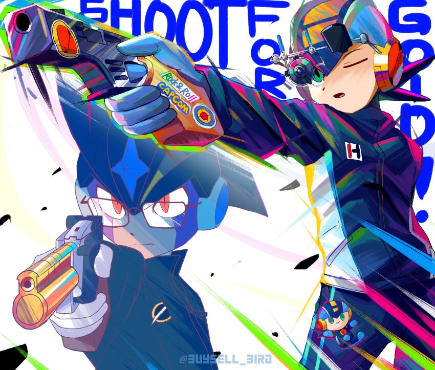 2024_summer_olympics 2boys bass.exe_(mega_man) black_helmet black_jacket blue_helmet buysell_bird english_text glasses green_eyes gun helmet highres holding holding_gun holding_weapon jacket kim_yeji male_focus mega_man_(series) mega_man_battle_network_(series) megaman.exe multiple_boys olympics red_eyes sketch twitter_username weapon yusuf_dikec yusuf_dikec_(meme)