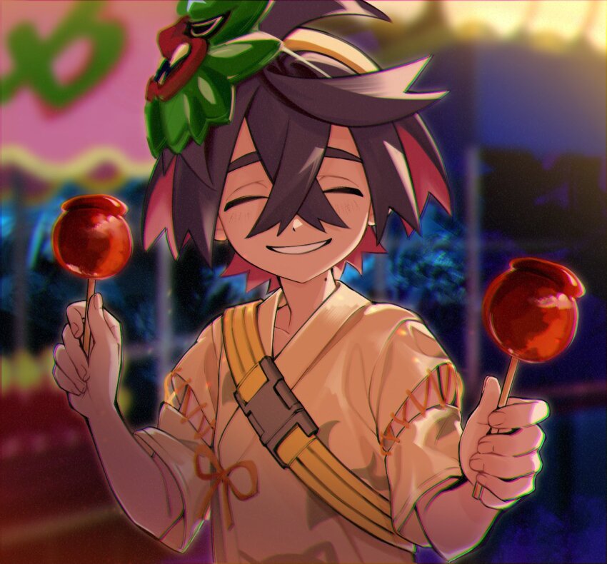 1boy black_hair blurry blurry_background candy_apple closed_eyes crossed_bangs facing_viewer food grin hair_between_eyes hairband highres holding holding_food ieiieiiei japanese_clothes kieran_(pokemon) male_focus market_stall mask mask_on_head mole mole_on_neck multicolored_hair night nintendo outdoors pink_hair pokemon pokemon_sv short_sleeves smile solo upper_body yellow_hairband