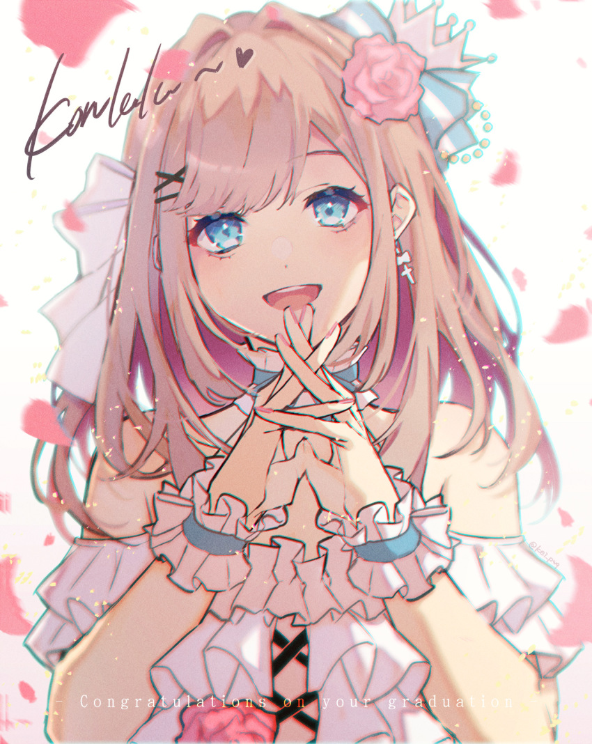 1girl :d bare_shoulders blue_eyes bow brown_hair commentary dress english_text flower fujikiri_yana hair_bow hair_flower hair_ornament hairclip highres interlocked_fingers long_hair looking_at_viewer nail_polish nijisanji off-shoulder_dress off_shoulder open_mouth pink_flower pink_nails pink_rose rose smile solo striped_bow suzuhara_lulu suzuhara_lulu_(3rd_costume) upper_body virtual_youtuber white_background white_bow white_dress x_hair_ornament