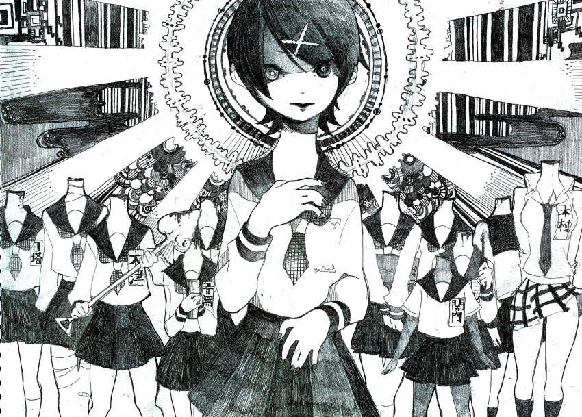 00s 6+girls bad_id bad_pixiv_id bandages black_hair blood cellphone charcoal_(medium) chinamo dark_skin dark-skinned_female everyone flower fujiyoshi_harumi fuura_kafuka greyscale hair_ornament hairclip halo hand_on_another&#039;s_chest hand_on_own_chest headless highres hitou_nami itoshiki_rin kaga_ai kimura_kaere kitsu_chiri kobushi_abiru light_rays lineup mitama_mayo monochrome multiple_girls necktie open_mouth otonashi_meru patterned petals phone ringo_mogire_beam sayonara_zetsubou_sensei school_uniform sekiutsu_maria_tarou serafuku short_hair shovel skirt sunbeam sunburst sunlight surreal traditional_media worktool