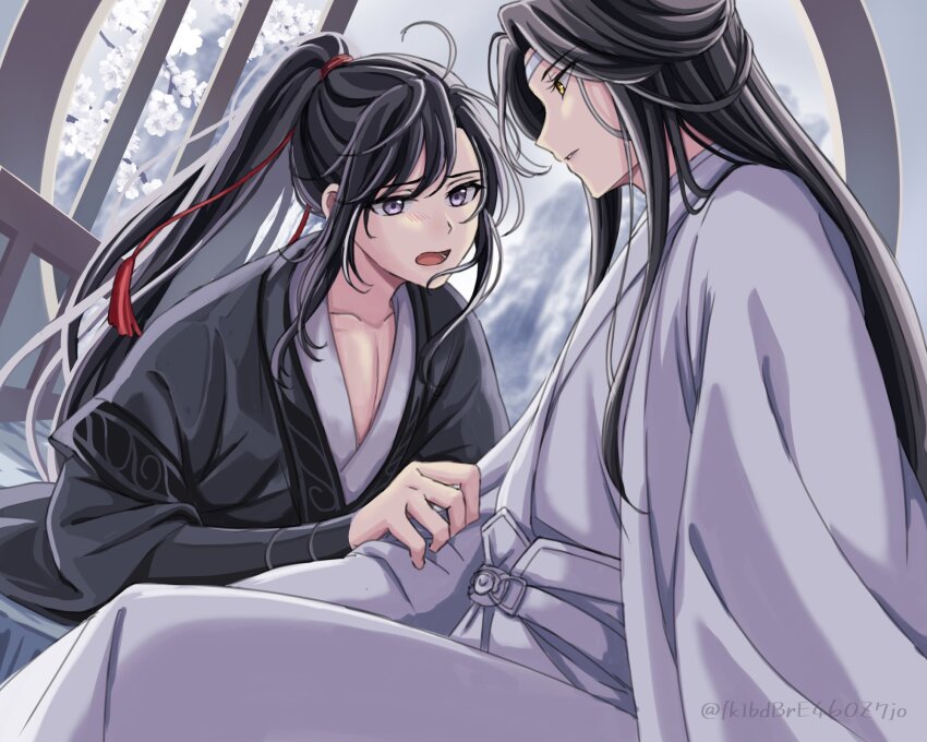 2boys ahoge bishounen black_hair black_hanfu branch chinese_clothes clothes_grab collarbone flower hair_ornament hair_ribbon hanfu headband high_ponytail highres holding_another&#039;s_arm indoors lan_wangji lattice long_hair long_sleeves looking_at_another male_focus modao_zushi multiple_boys on_bed open_mouth parted_lips pectoral_cleavage pectorals ponytail purple_eyes red_ribbon ribbon robe round_window semiusa1010 sidelocks sitting tassel tassel_hair_ornament twitter_username wei_wuxian white_flower white_hanfu white_headband wide_sleeves window yaoi yellow_eyes