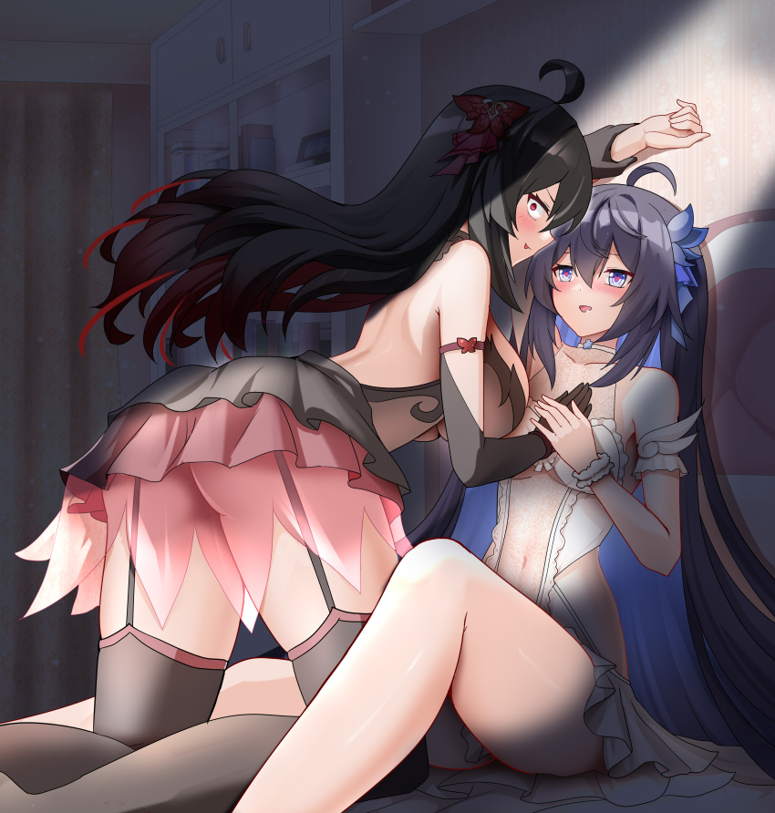 2girls absurdres armband backless_dress backless_outfit bedroom black_hair black_thighhighs blue_eyes blush book bookshelf breasts butterfly_hair_ornament cabinet caught closed_mouth colored_inner_hair curtains dress garter_straps hair_ornament hand_over_another&#039;s_hand heart heart-shaped_pupils highres holding_another&#039;s_wrist honkai_(series) honkai_impact_3rd kneeling large_breasts long_hair looking_at_viewer multicolored_hair multiple_girls navel on_bed picture_frame red_armband red_eyes red_hair red_skirt seele_(alter_ego) seele_vollerei seele_vollerei_(herrscher_of_rebirth) seele_vollerei_(starchasm_nyx) selfcest sitting skirt symbol-shaped_pupils thighhighs tongue tongue_out two-tone_hair very_long_hair white_dress yuri zhihe_box